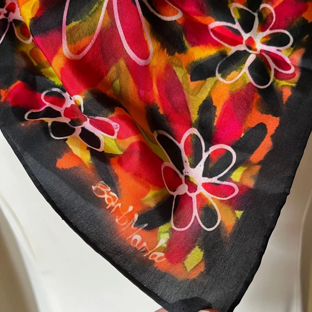 Hand Painted Silk‎ Scarf Floral Abstract Signed Barb Marla 20x21